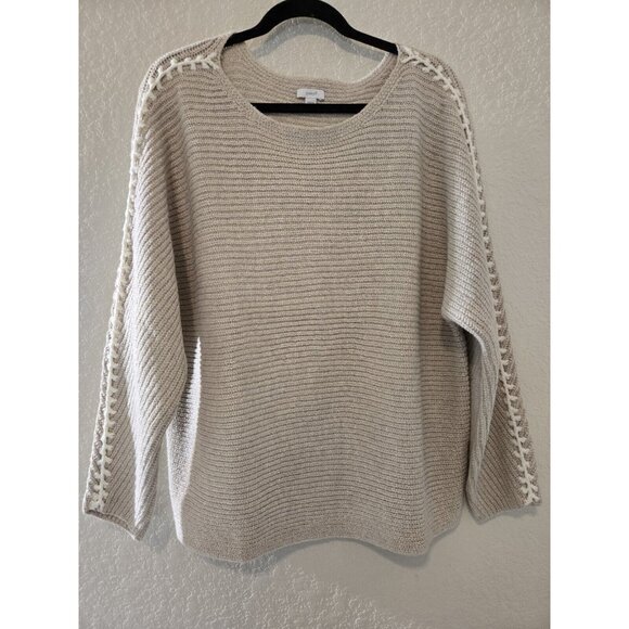 Pure Jill Womens Beige Pullover Sweater with White Stitch Acce Sz Petite L - Picture 1 of 6